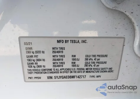 2021 Tesla Model Y Performance Dual Motor All-Wheel Drive/Standard Range Rear-Wheel Drive из США, поврежденный, VIN 5YJYGAED8MF142717